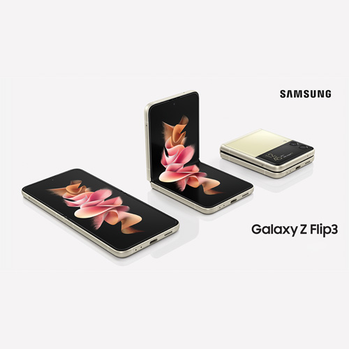 Samsung Galaxy Z Flip3 5G smartphone in Cream, unfolded, flex mode and folded