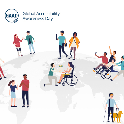 Graphic of people with accessibility needs standing on a globe