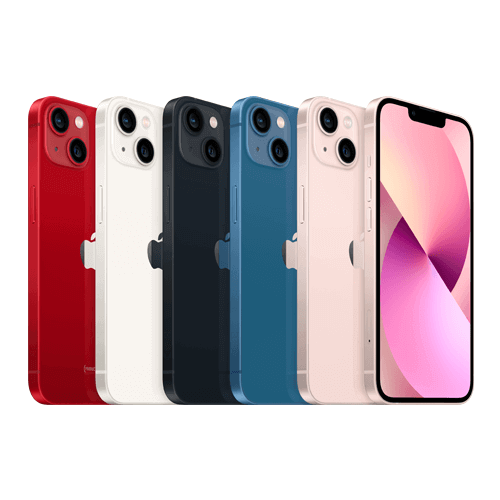 Row of iPhone 13 devices in red, white. black, blue, and pink
