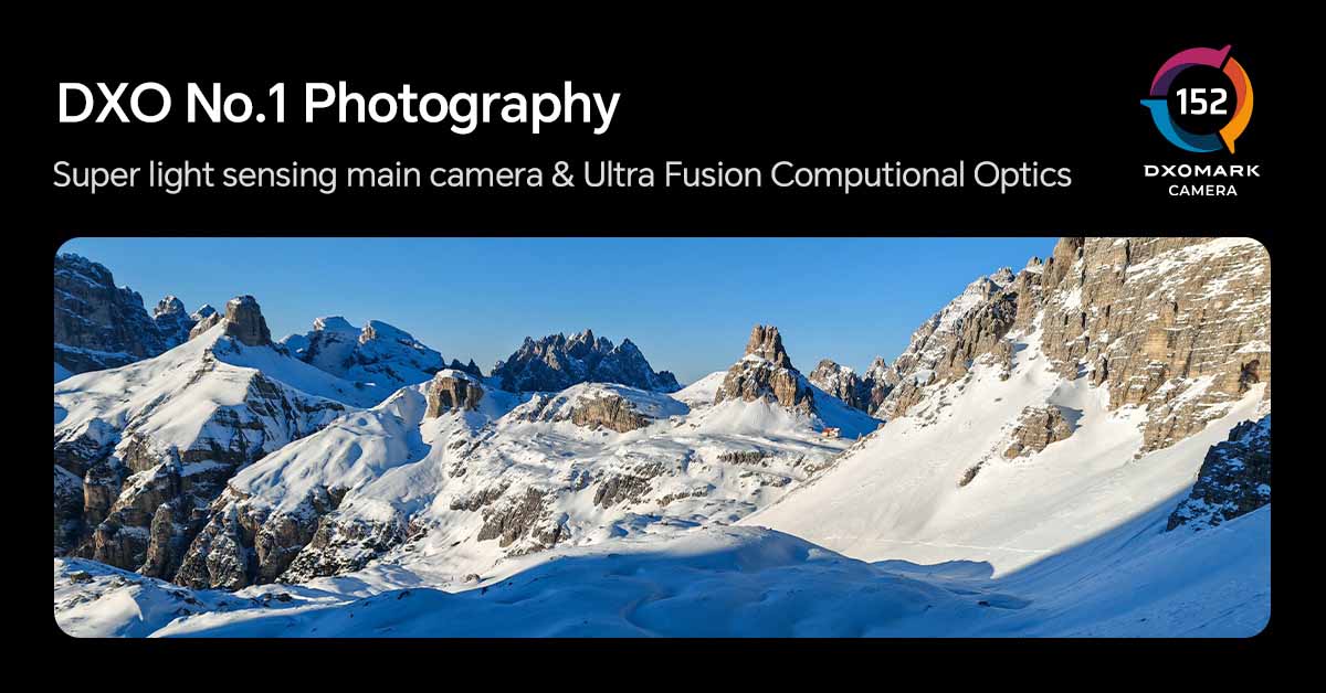A photo which the HONOR Magic5 Pro took, which is of a snowy Mountain view. Text is above image says 'DXO No.1 Photography. Super light sensing main camera & Ultra Fusion Computational Optics'