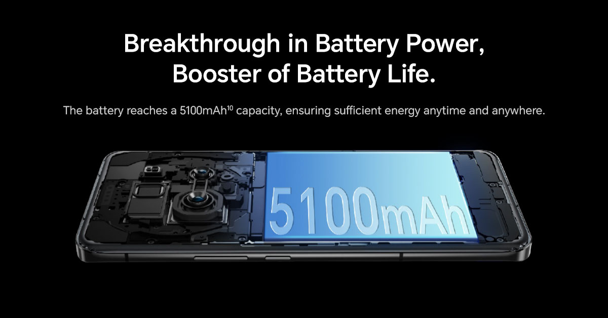 HONOR Magic5 Pro with back cover removed showing battery with '5100mAh' written on it. There is text above the device saying 'Breakthrough in Battery Power, Booster of Battery Life. The battery reaches a 5100mAh capacity, ensuring sufficient energy anytime and anywhere."
