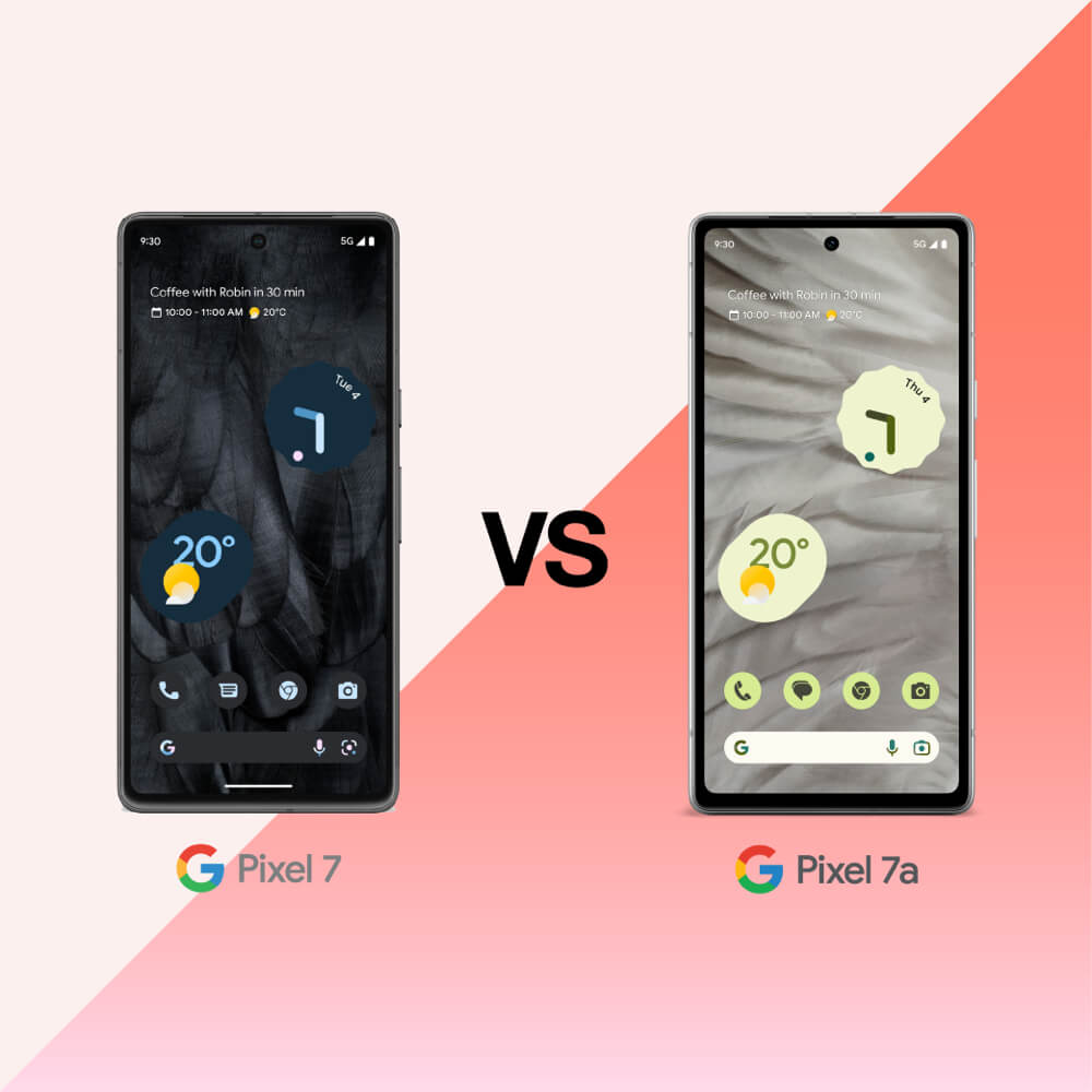 Google Pixel 7 front view of display and Google Pixel 7a front view of display.
