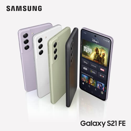 Samsung Galaxy S21 FE phones in various colours