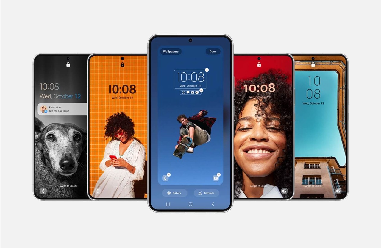 5 phones from the S23 series lined up screen facing, showing different backgrounds
