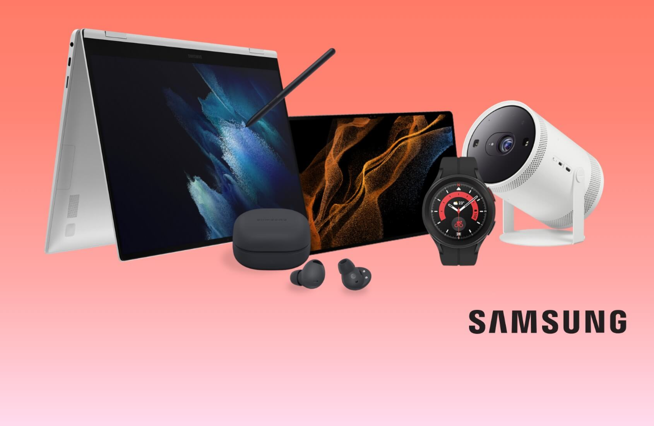 An assortment of Samsung tech products