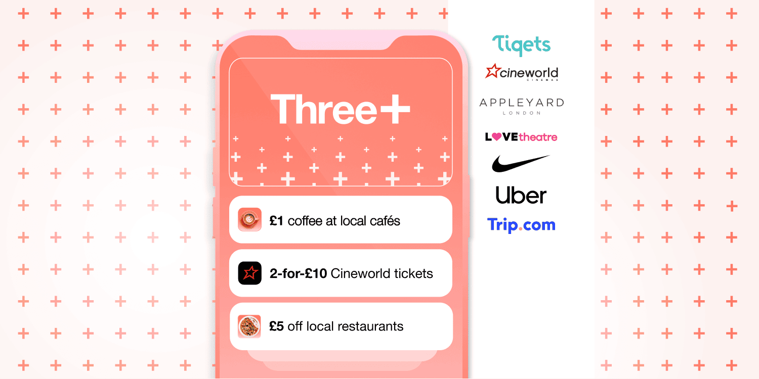 Offers on Three+ can include Tiqets, AppleYard, Cineworld, Love Theatre, Nike, Uber, Trip.com.