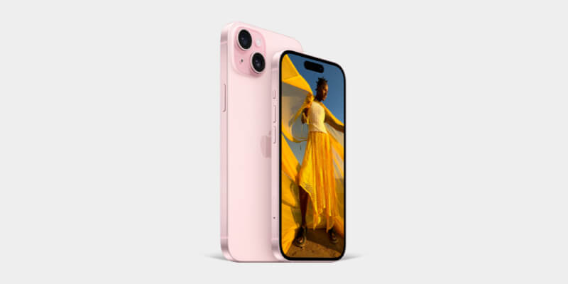 iPhone 15 in Pink, front and rear.