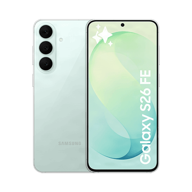Samsung Galaxy S26 FE front and rear in Pistachio