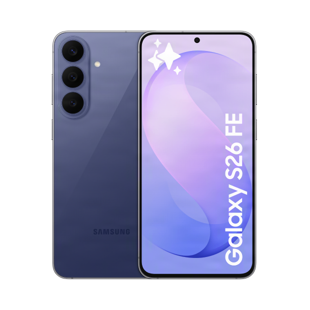 Samsung Galaxy S26 FE front and back in blueberry