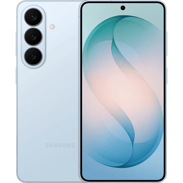 Front and rear of Samsung S26 in Sky Blue