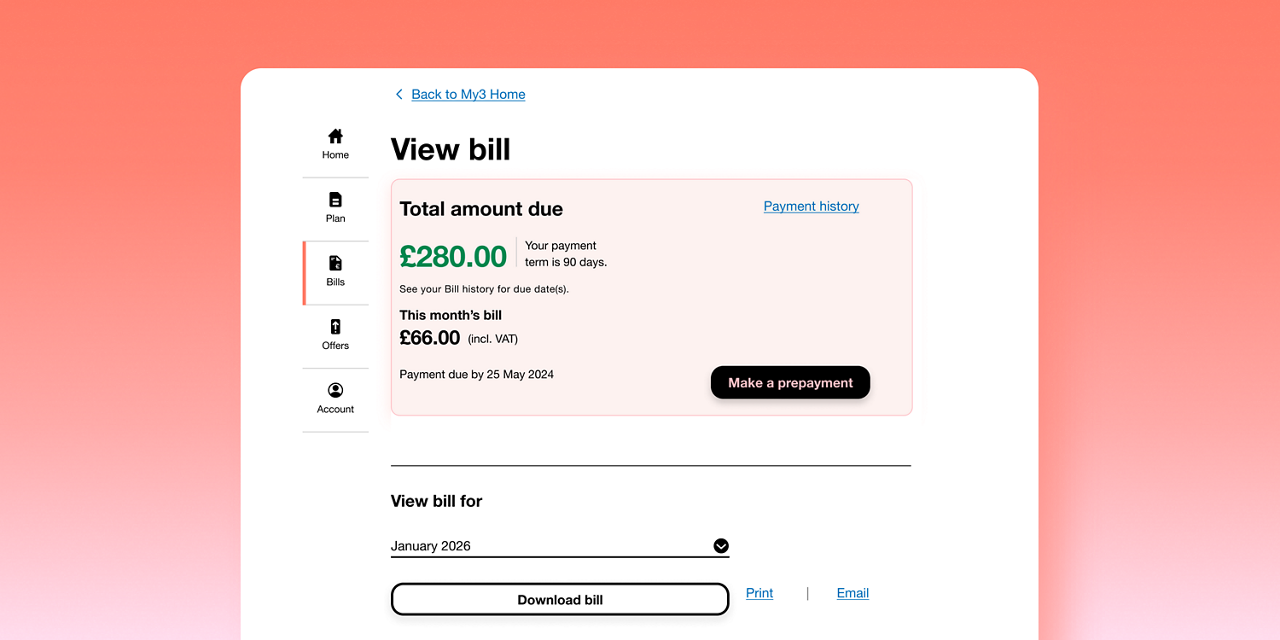 My3 billing page screenshot
