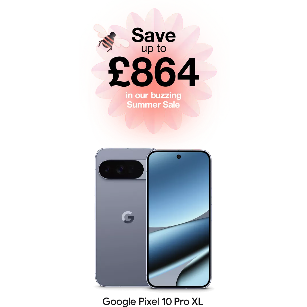 Save up to £864 in our buzzing summer sale. Google Pixel 10 Pro XL front and back.