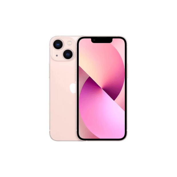 2 iPhone 13 minis in pink, front and back.