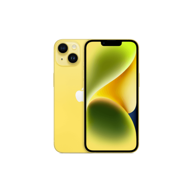 2 iPhone 14s in yellow, front and back 
