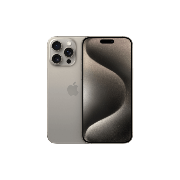 2 iPhone 15 Pros in titanium, front and back 