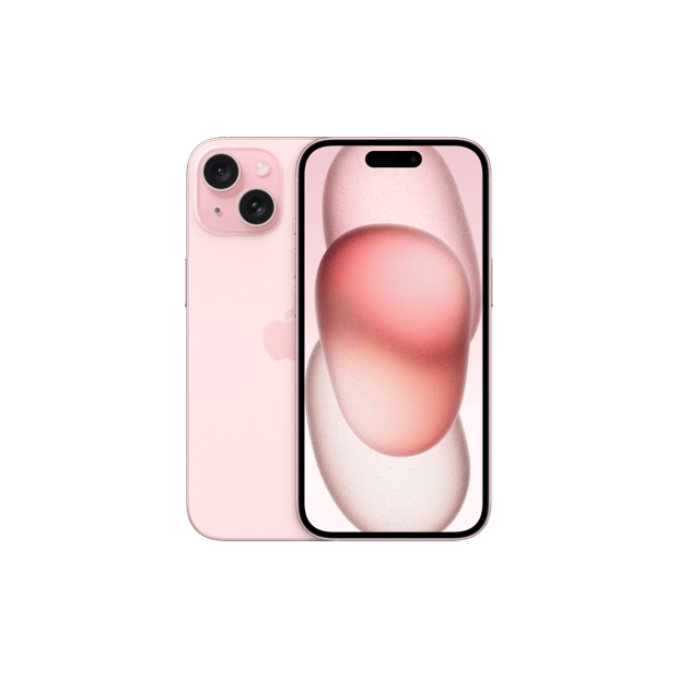 2 iPhone 15s in pink, front and back.