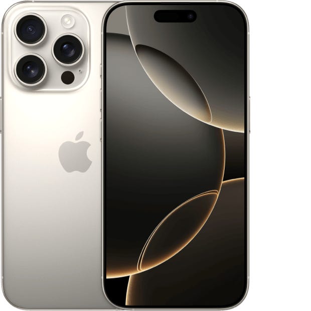 iPhone 16 Pro Max, front and rear in Natural Titanium