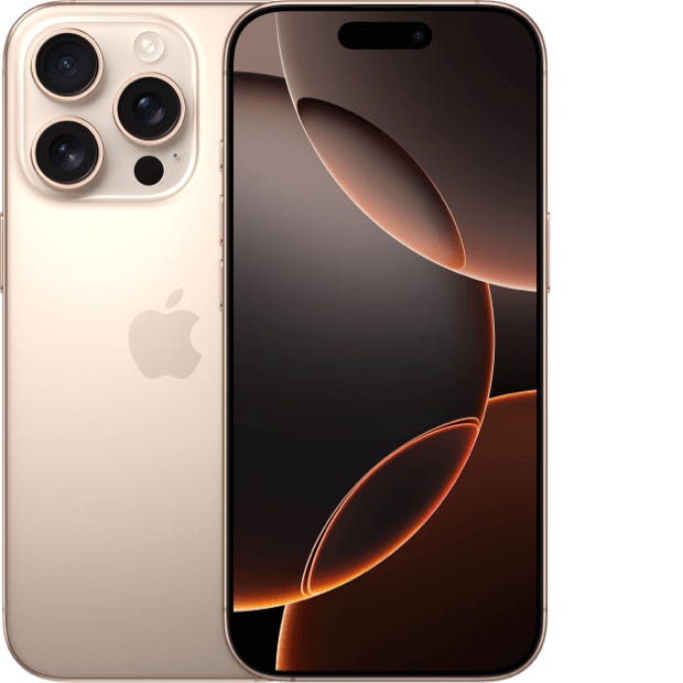 iPhone 16 Pro, front and rear in Desert Titanium