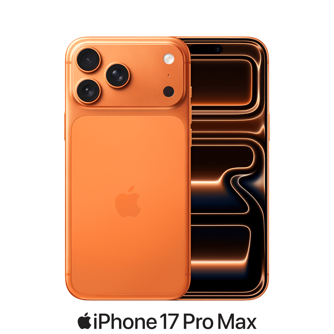 iPhone 17 Pro Max, front and rear in Cosmic Orange