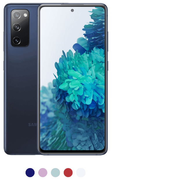 2 Samsung Galaxy S21 FE phones in purple, shown front and back.