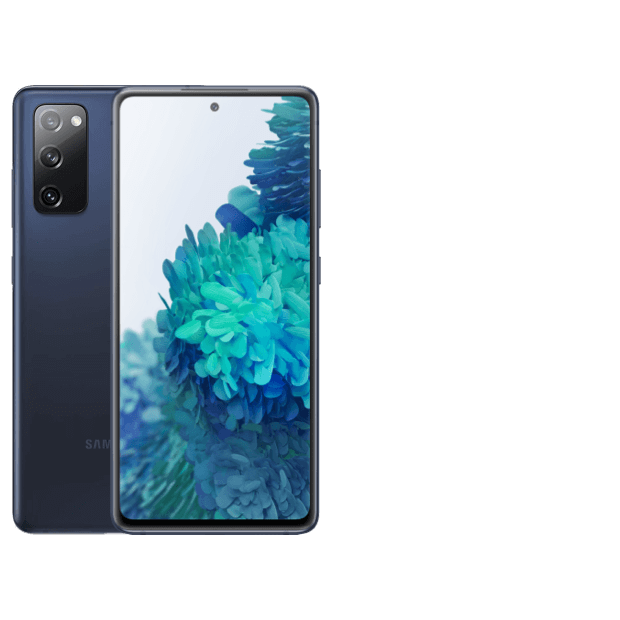  2 Samsung Galaxy S21 FE phones in purple, shown front and back.