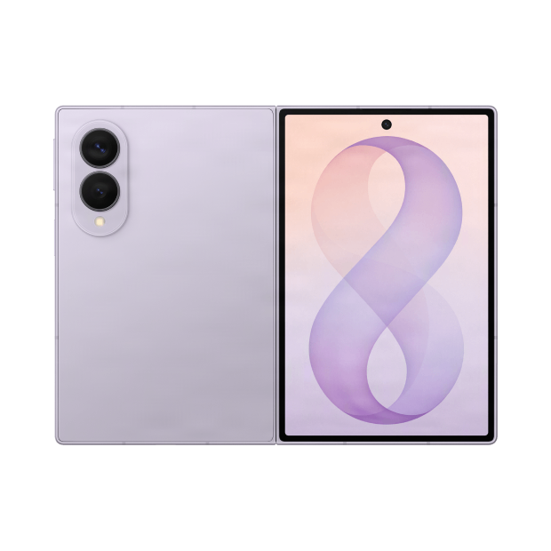 Samsung Galaxy Z Fold8 in Lavender, front and rear.