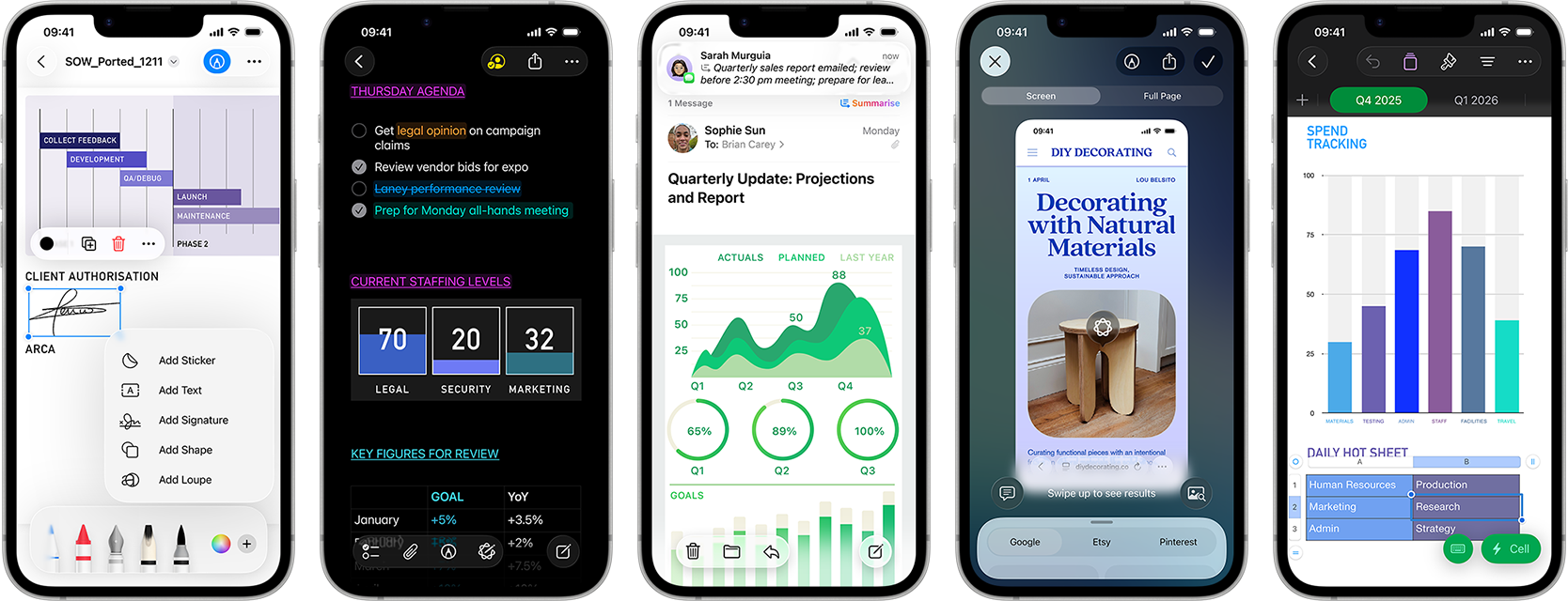 A few side-by-side iPhone 17e devices in portrait orientation showcasing performance with different graphs, charts and productivity business apps like Preview, Notes, Mail, Visual Intelligence and Numbers