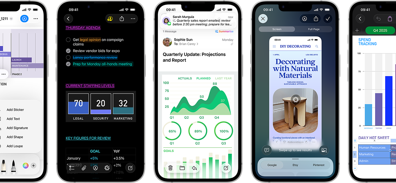 A few side-by-side iPhone 17e devices in portrait orientation showcasing performance with different graphs, charts and productivity business apps like Preview, Notes, Mail, Visual Intelligence and Numbers