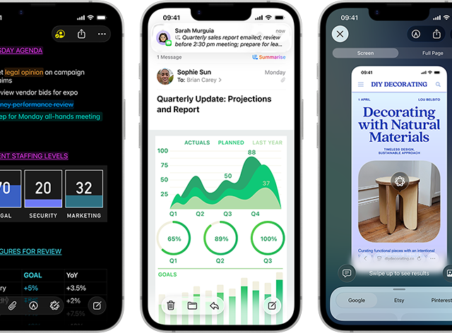 A few side-by-side iPhone 17e devices in portrait orientation showcasing performance with different graphs, charts and productivity business apps like Preview, Notes, Mail, Visual Intelligence and Numbers