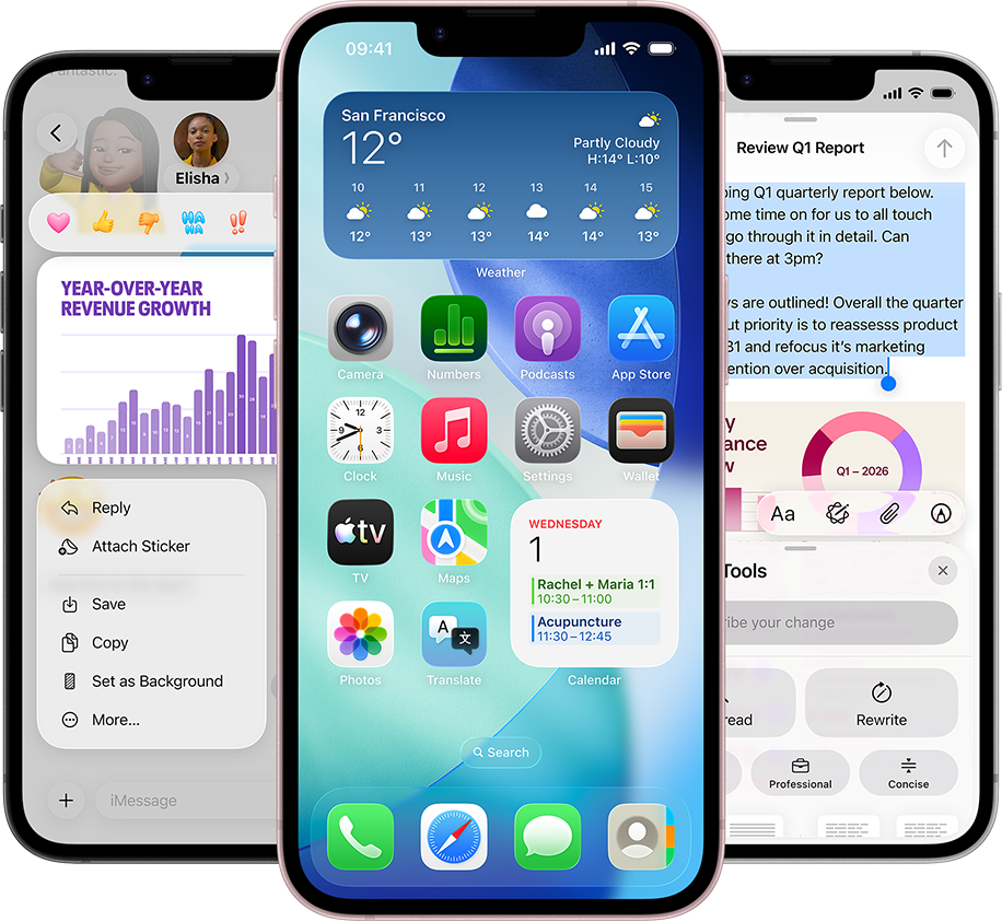 Few side-by-side iPhone 17e devices showing a photo of a graph in the Messages app, home screen with the Weather widget and apps displayed, and Notes app with Apple Intelligence Writing Tools in use