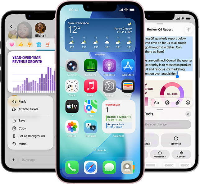 Few side-by-side iPhone 17e devices showing a photo of a graph in the Messages app, home screen with the Weather widget and apps displayed, and Notes app with Apple Intelligence Writing Tools in use