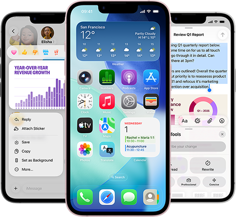 Few side-by-side iPhone 17e devices showing a photo of a graph in the Messages app, home screen with the Weather widget and apps displayed, and Notes app with Apple Intelligence Writing Tools in use