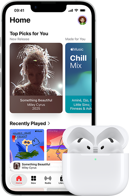 iPhone 17e, front exterior, Apple Music app with Home Screen open, next to AirPods Pro 3 in open MagSafe Charging case
