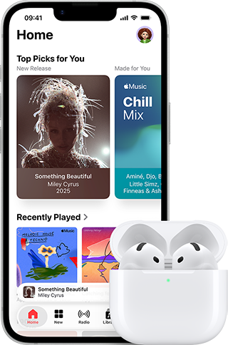 iPhone 17e, front exterior, Apple Music app with Home Screen open, next to AirPods Pro 3 in open MagSafe Charging case