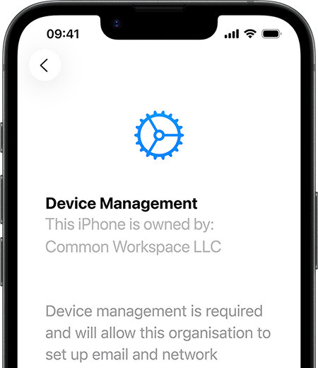 Partial view of iPhone 17e in portrait orientation, displaying the Settings app with Device Management open