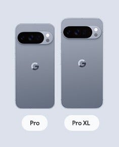 Image shows two Pixel 10 Pros in Moonstone colour in their two different sizes