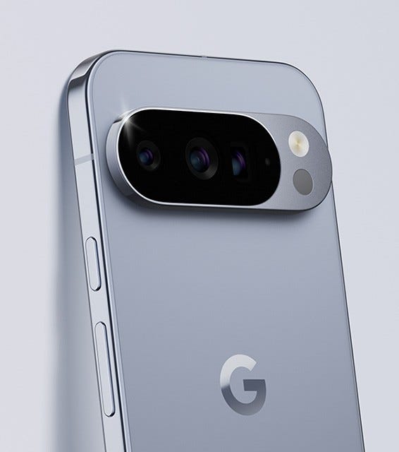Google Pixel 10 Pro in Moonstone colour leaning on a wall