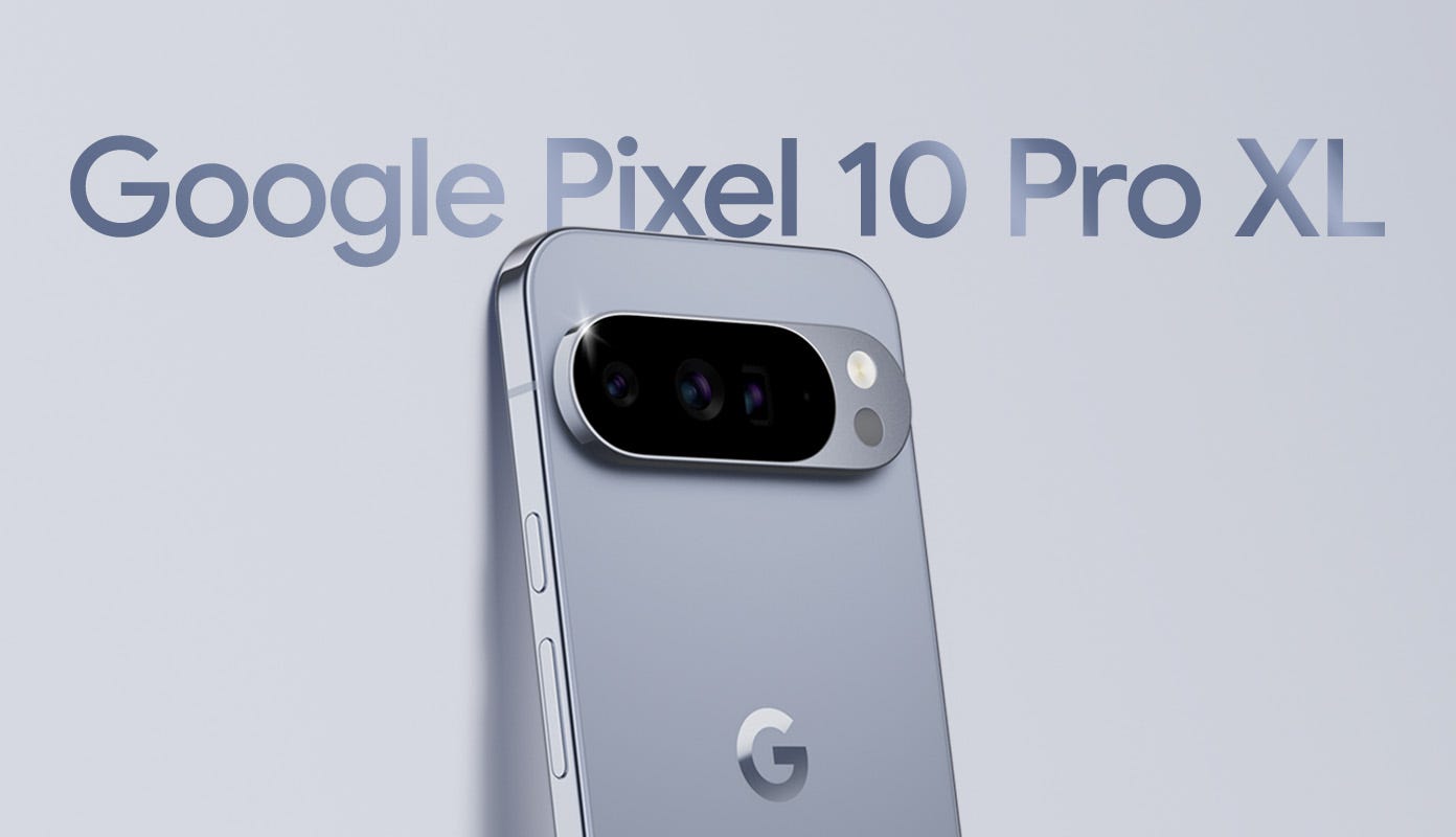Google Pixel 10 Pro XL in Moonstone leaning against a wall