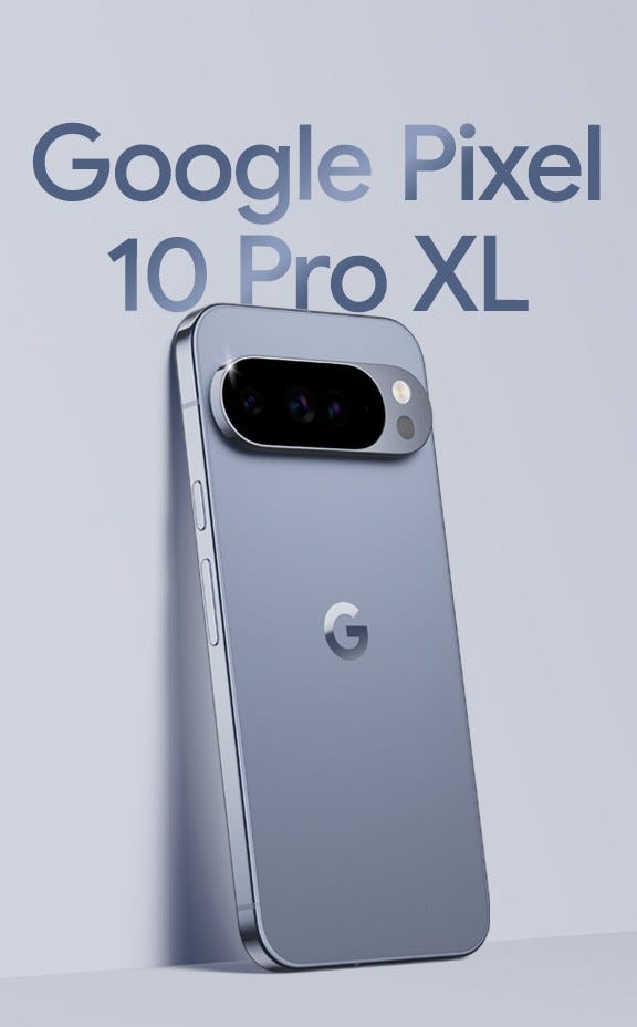 Google Pixel 10 Pro XL in Moonstone leaning against a wall