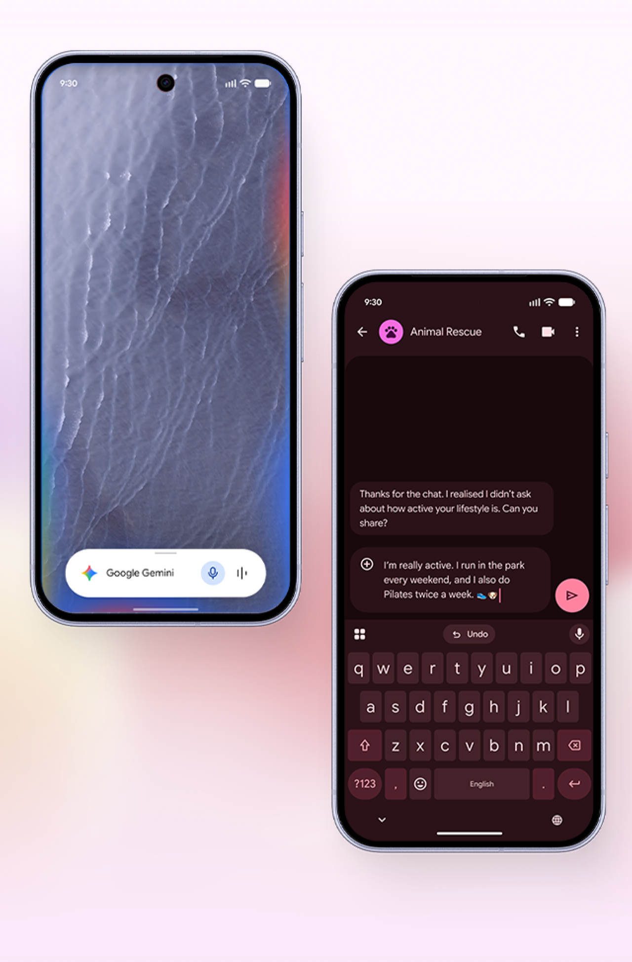 Image of the Pixel device with the prompt box for Ask Google Gemini.; Image of the Pixel device with text message from Animal Rescue