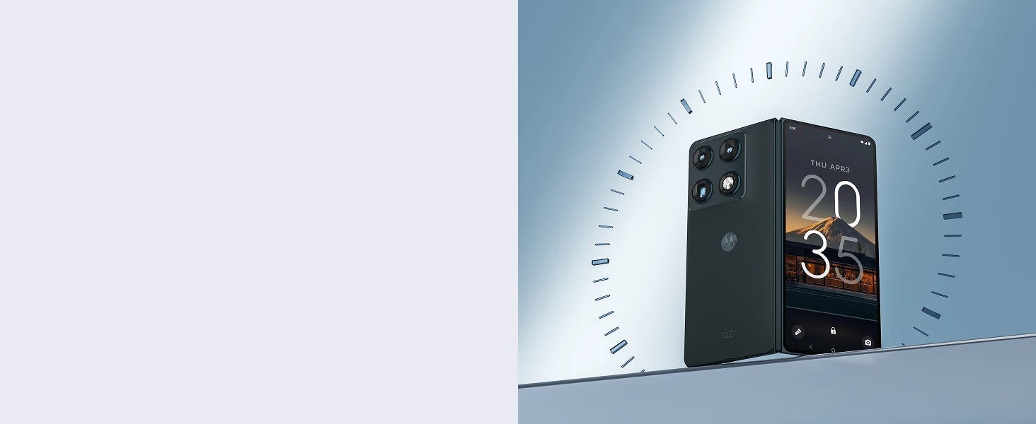 A foldable Motorola smartphone stands open, showing the time 20:35 and date April 3, against a blue gradient background with clock-like markings around it.