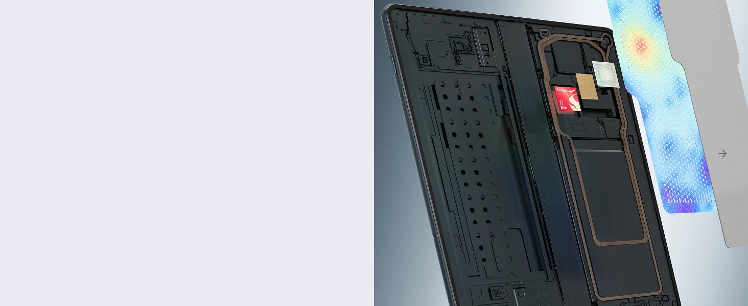 The image reveals the internal components of a smartphone, including a Snapdragon 8 Elite chip and heat dissipation components, with part of the phone's colourful outer casing visible.