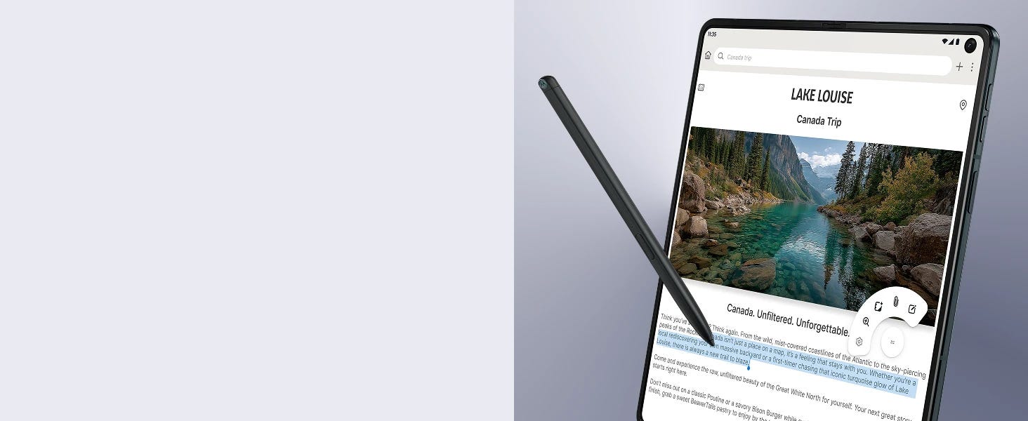 A foldable smartphone with a stylus displays a webpage about Lake Louise in Canada, showing a scenic lake photo and highlighted text about the trip.