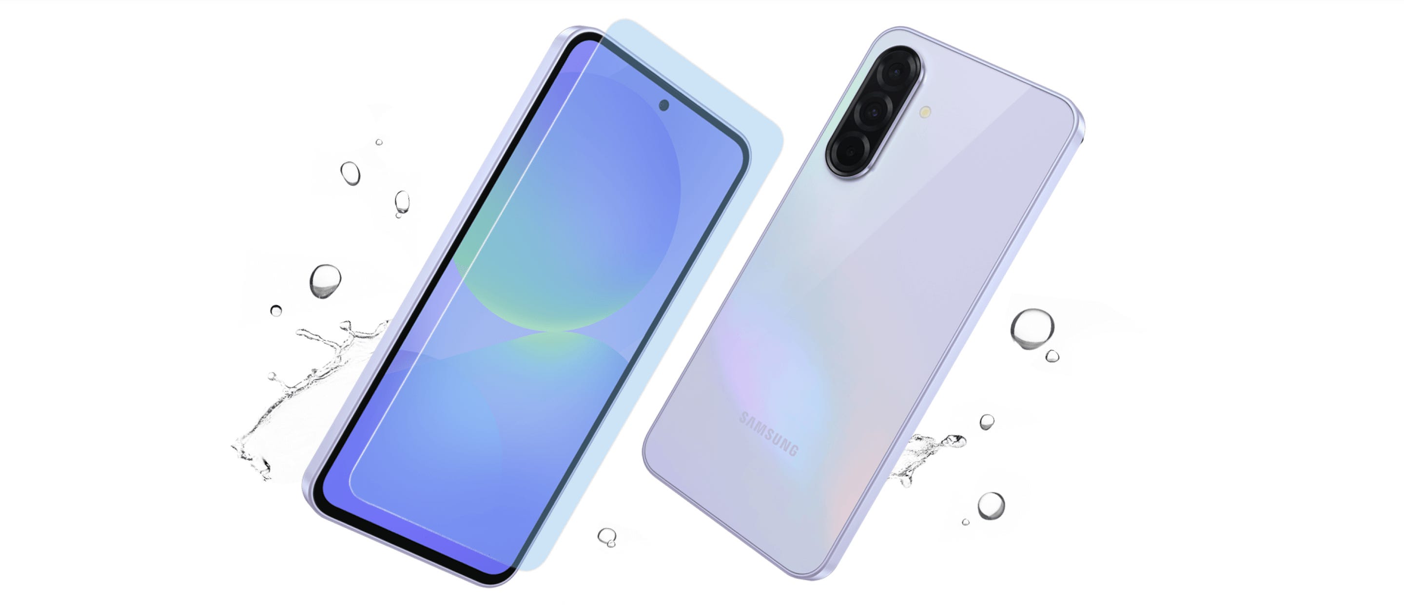 Device displayed from both sides with available 4 colours in a background of water drops