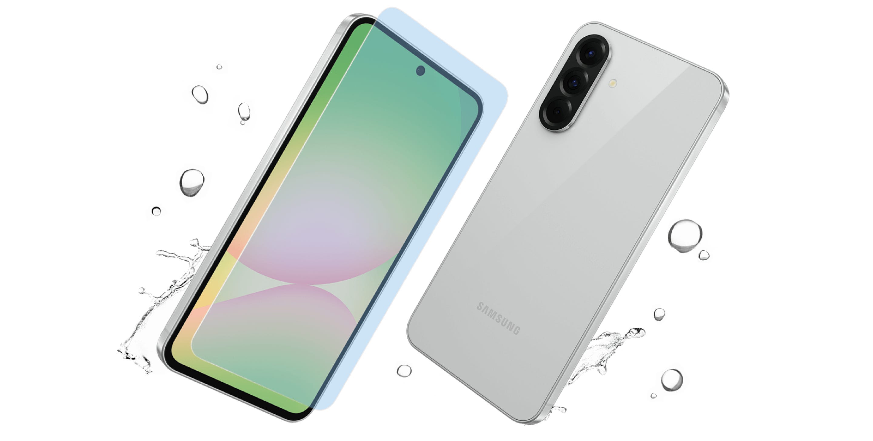 Device displayed from both sides with available 4 colours in a background of water drops