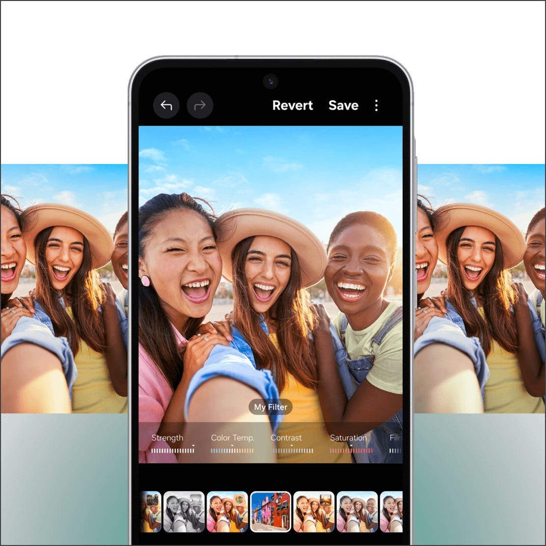 3 people having a selfie choosing filters