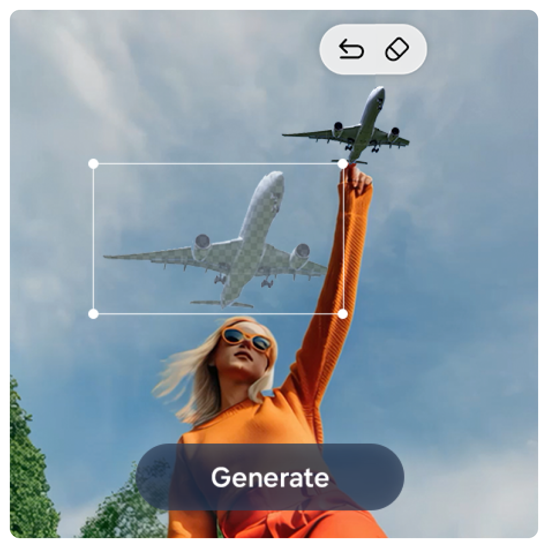 An image of a women in orage color dress holding an aircraft which is repositioned using phone feature photo assist