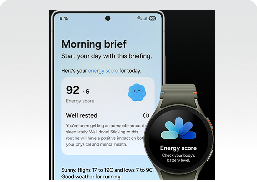 Morning brief showing energy score on mobile and watch.