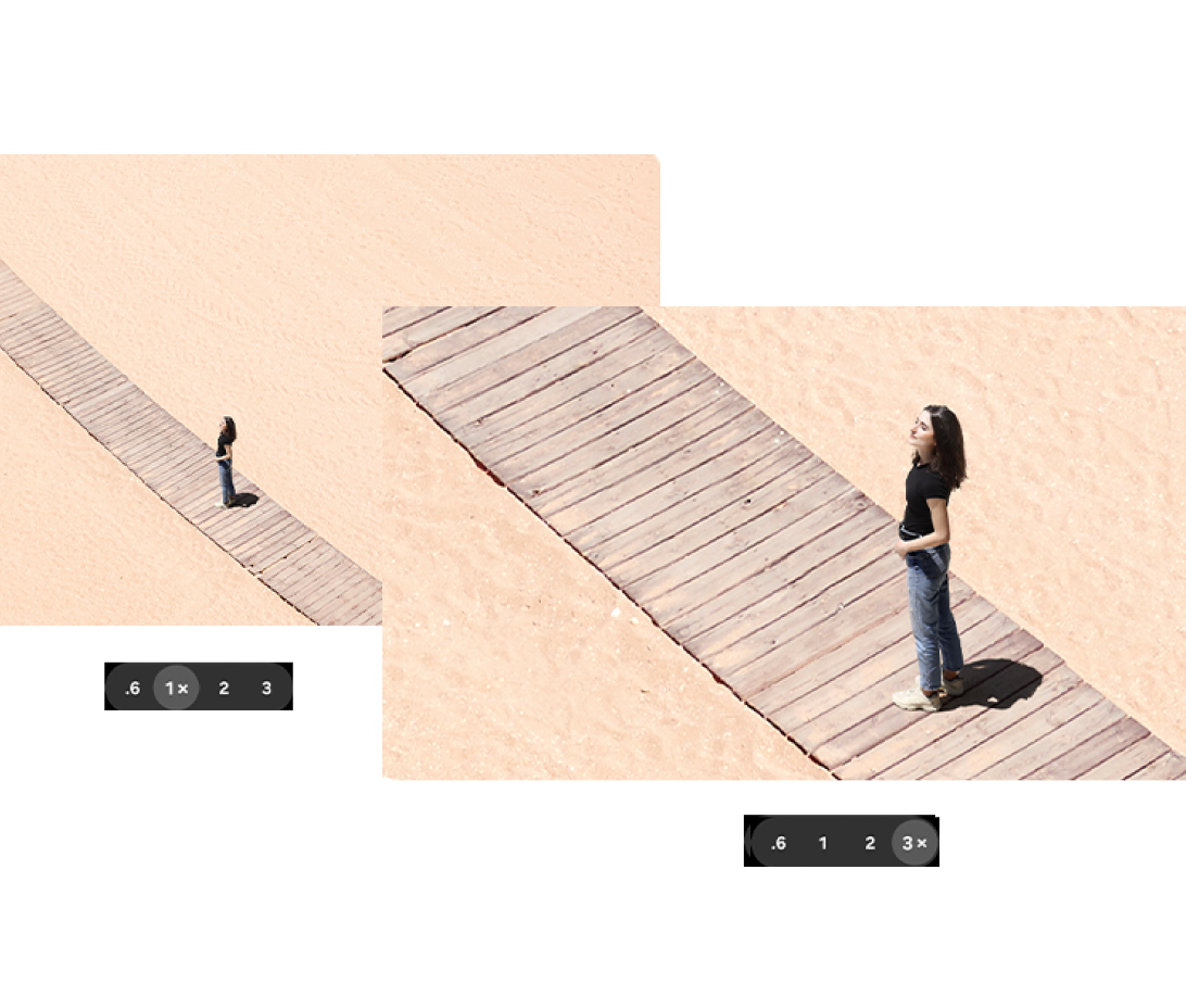 A person on a beach walkway showing 1x and 3x zooms.