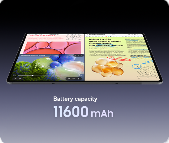 Galaxy Tab S12 Ultra displaying a three-way split window view with different studying materials to emphasize the long-lasting battery. Battery capacity is 11600 mAh.
